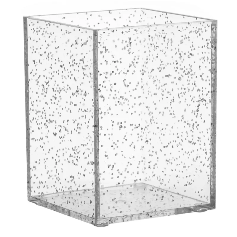 Suport Pixuri din Plastic Transparent cu Glitter Argintiu 7.5x7.5x10cm