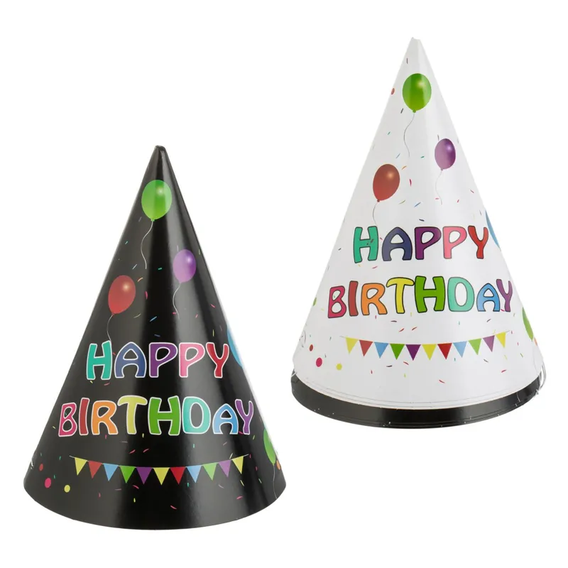 Coifuri de Petrecere din Carton Negru cu Baloane Colorate și Imprimeu Happy Birt