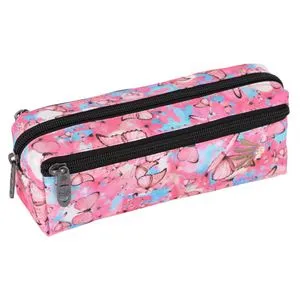 Penar tip tub cu 3 compartimente, Roz cu model fluturi, 21x7x7cm