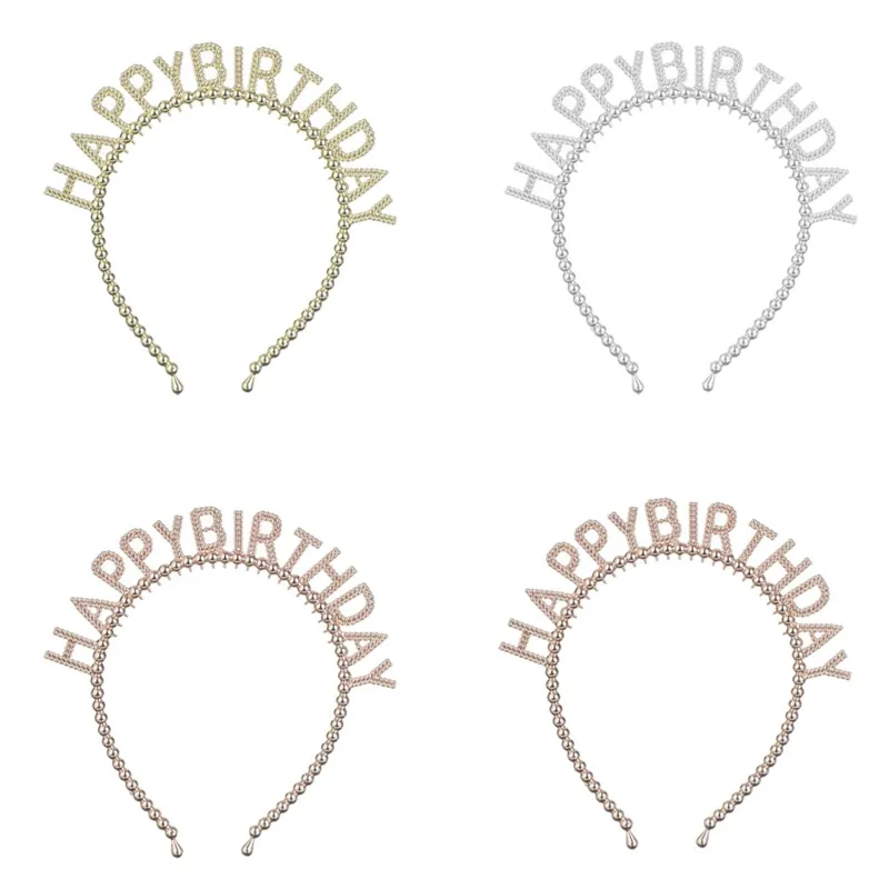 Coronite de petrecere Happy Birthday cu margele aurii, argintii si roz - Set 4 bucati