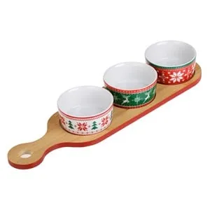 Set Boluri Ceramice cu Baza din Bambus pentru Craciun