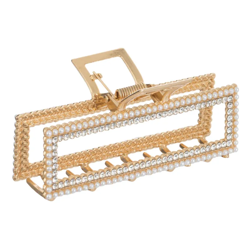Clamă de păr aurie cu margele albe și strass, 9.5 cm