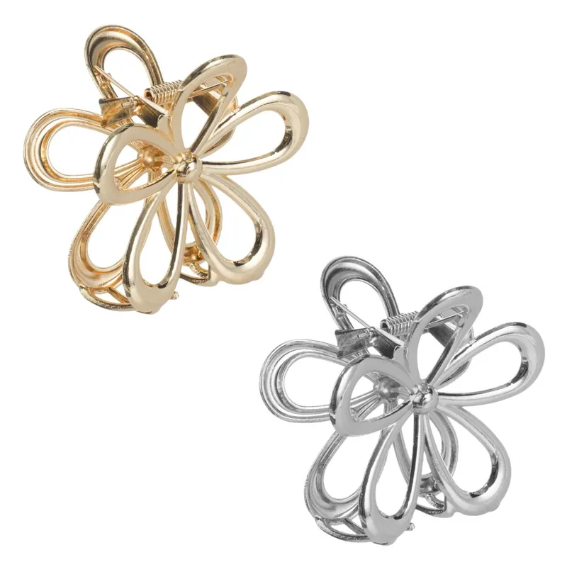 Set 2 Clame de Păr Metalice, Formă de Floare, Argintiu și Auriu, 6.5 cm