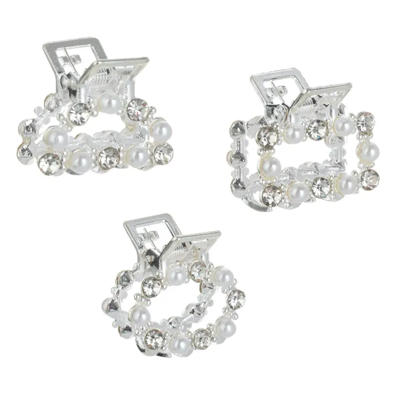 Set 3 Clame de Păr cu Margele Albe și Strass, Argintiu, 2.5 cm