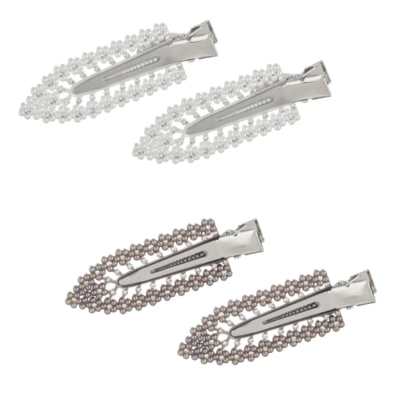 Set 4 Clame de Păr cu Mărgele și Strass, Alb/Gri, 6 cm