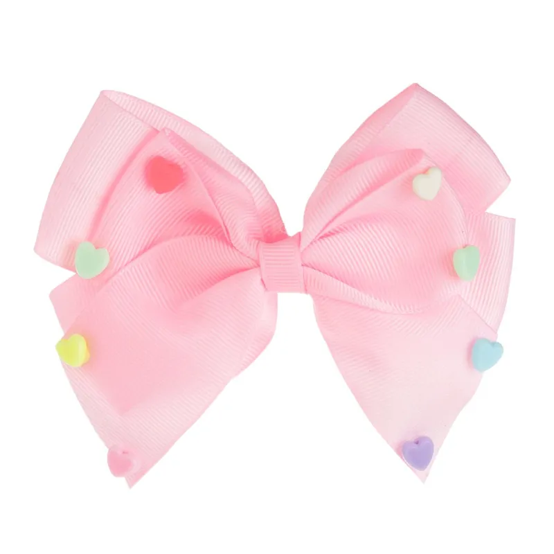 Clamă de păr cu fundiță 3D roz și inimioare multicolore pentru copii, 13 cm