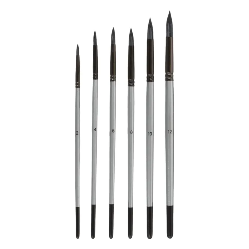 Set Pensule Pictura cu Maner din Lemn, Varf Rotund, 6 Bucati, Argintiu-Negru