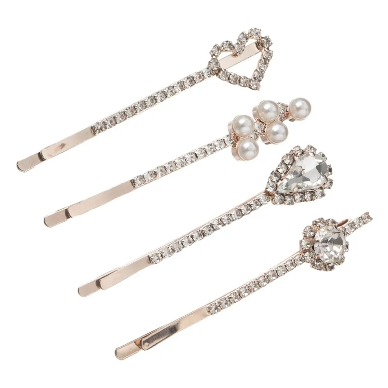 Set 4 Agrafe de Păr cu Strass și Mărgele, Roz Auriu, 6.5 cm
