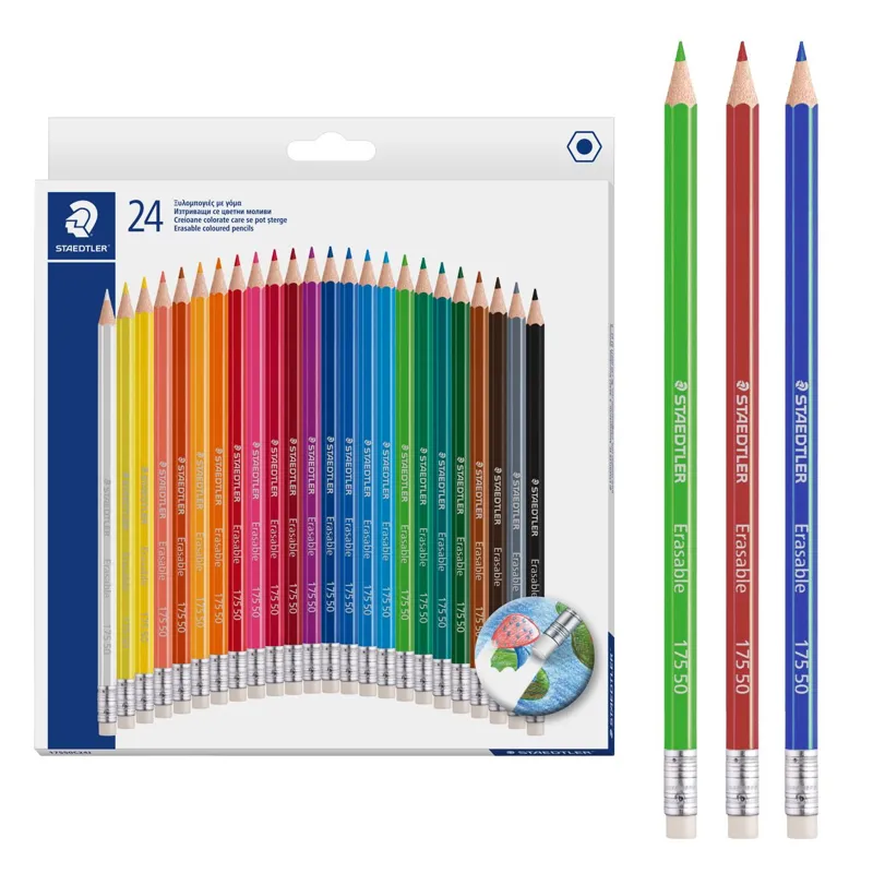 Set 24 Creioane Colorate Subțiri cu Radieră, Diferite Culori