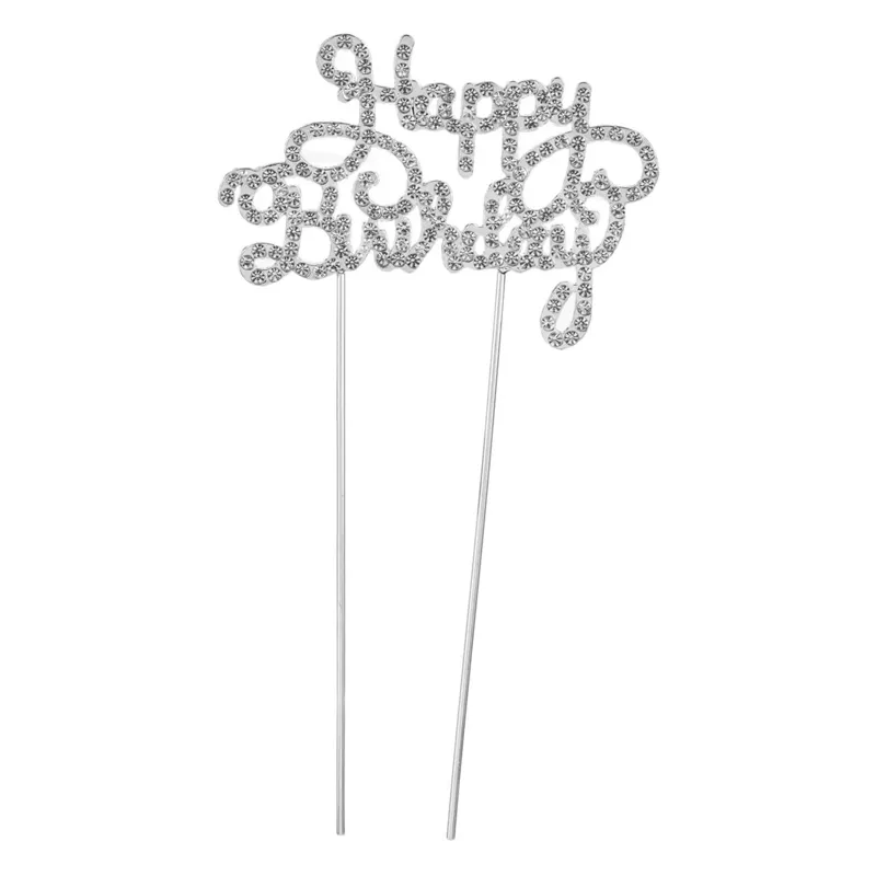 Topper tort Happy Birthday metalic argintiu cu strass
