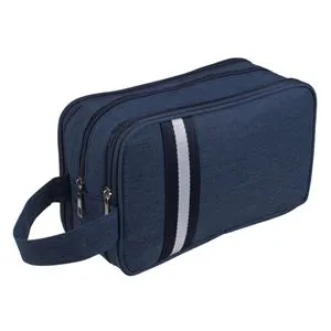 Geantă cosmetice blue jean cu dungi albe, 3 compartimente, 25.5x10.5x15.5 cm