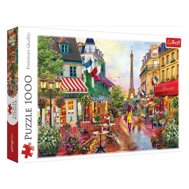 Puzzle 1000 de piese, Paris - Turnul Eiffel, Fată cu câine și Bistro, Multicolor, Carton