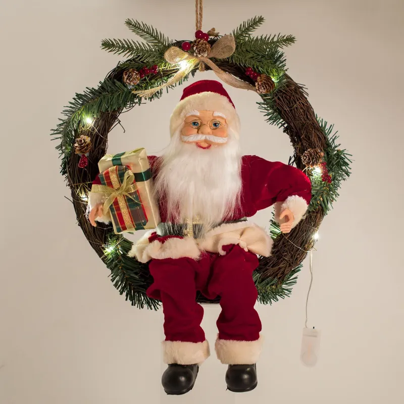 Coronita Decorativă Crăciun Lemn Mos Craciun LED 45cm