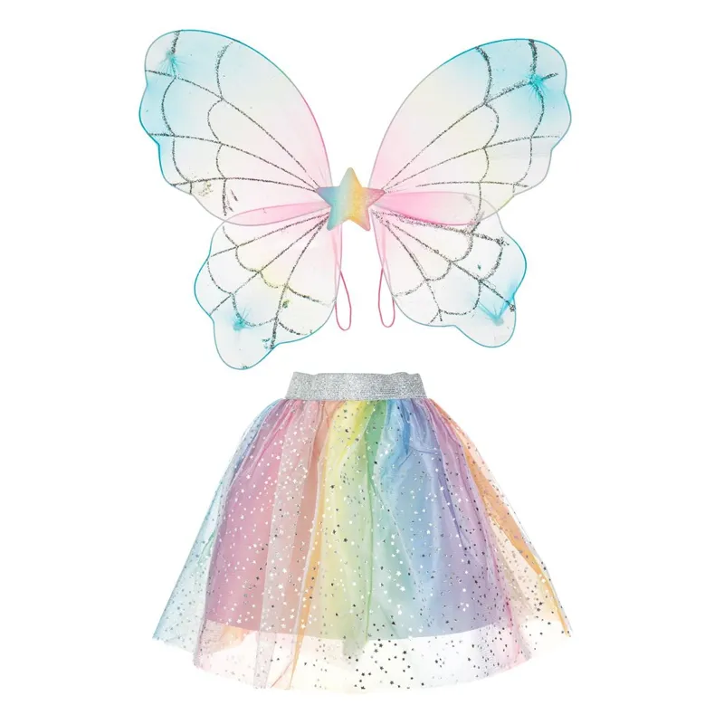 Set Deghizare Tutu Curcubeu și Aripi cu Stele Argintii Glitter