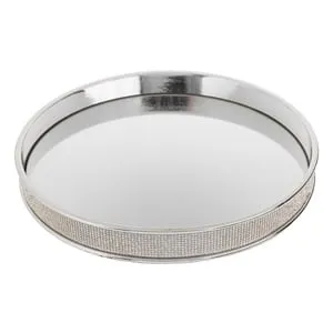 Tava decorativa metalica rotunda cu strasuri argintiu pentru obiecte