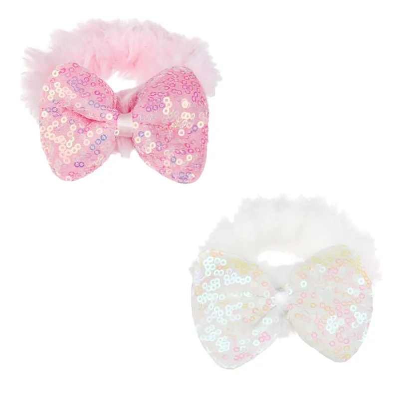 Elastice de par cu fundite din imitatie de blana, Roz si Alb, cu paiete, 2 buc, 8 cm
