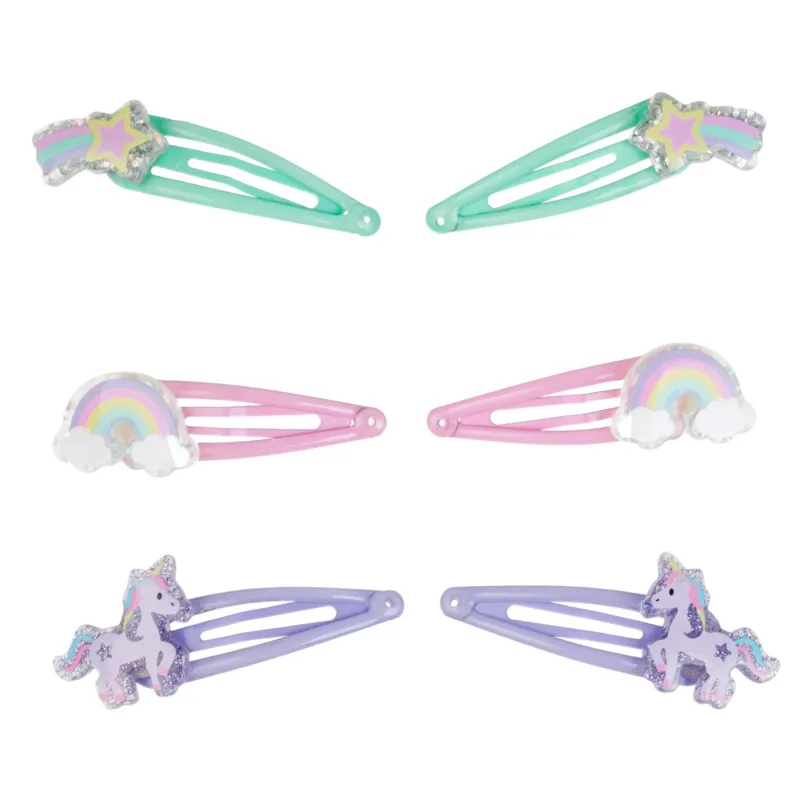 Set 6 Clame de Păr Metalice 3D cu Unicorn, Stele și Curcubeu, Multicolore, 6 cm