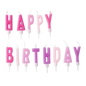 Lumanari ziua de nastere roz lila cu litere Happy Birthday