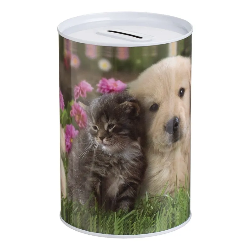 Pusculiță metalică cu model pisică și câine, Ø10x15cm, multicoloră