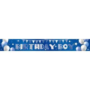 Banner de perete metalizat albastru pentru petrecere, Birthday Boy, 250x11 cm