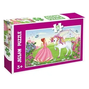 Puzzle pentru copii cu printesa si unicorn, 24 piese, Carton, Roz