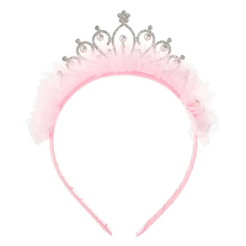 Tiara pentru par cu strass, margele si tul roz, 4.5 cm