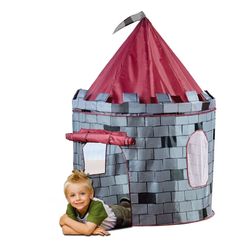 Cort pentru copii cu model Castel Cavaleri, 105x105x125 cm, Gri si Rosu