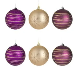 Set Globuri de Craciun Mov și Bej Sampanie cu Glitter pentru Decorațiuni Festive