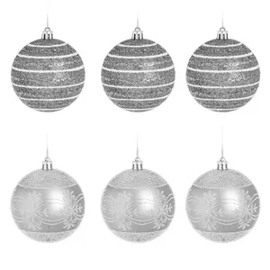 Set Globuri de Craciun Argintii cu Glitter Ø8cm - 6 bucăți