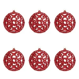 Set globuri de Craciun roșii cu glitter model perforat Ø10cm - 6 buc