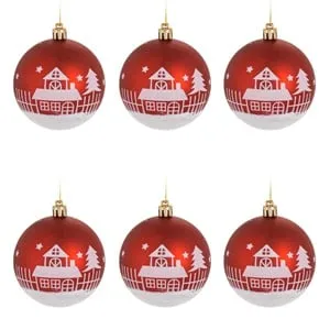 Set globuri de Craciun roșii case ninse cu glitter Ø8cm - 6 buc