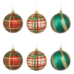 Set Globuri de Craciun Rosii Verzi Bej Carouri cu Glitter
