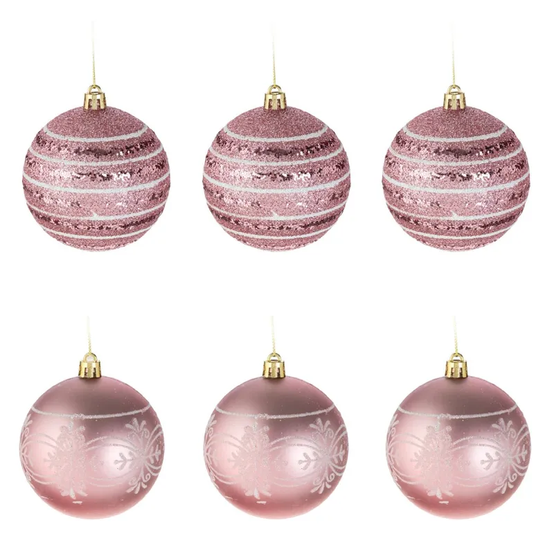 Set Globuri Crăciun Roz Mat și Lucios cu Glitter, Modele Albe Irizate
