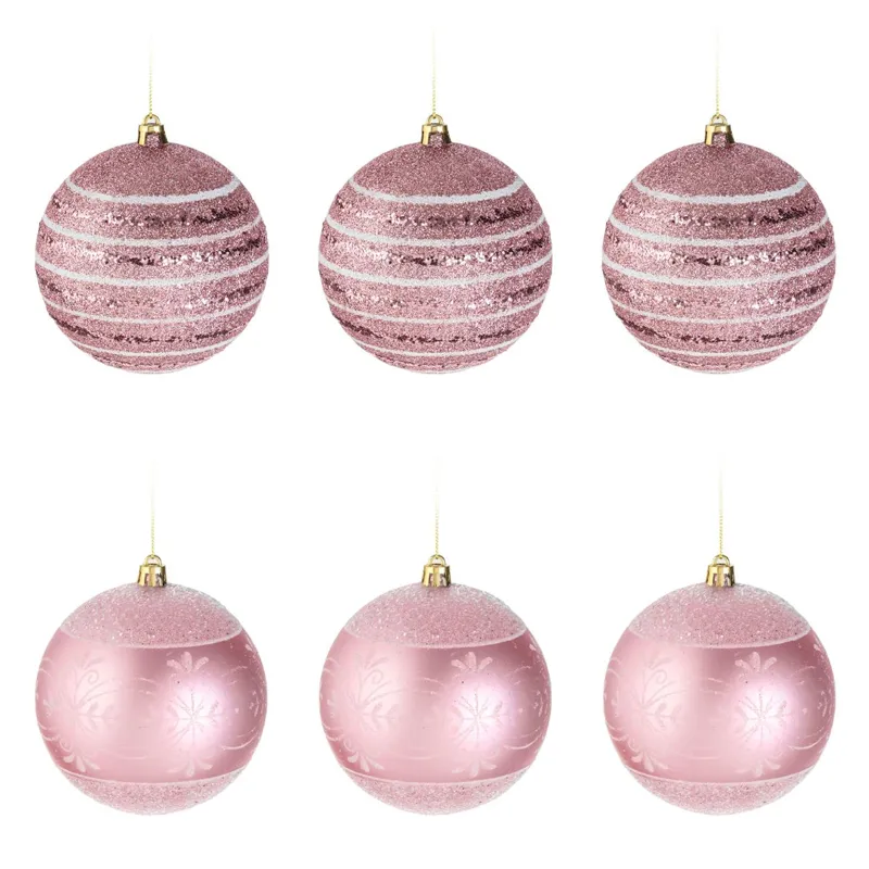 Set Globuri Crăciun Roz și Alb cu Glitter, Modele Diverse, Plastic