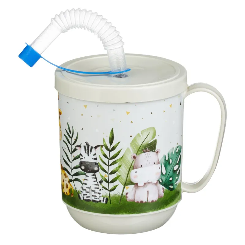 Pahar din plastic cu pai si maner, 350 ml, Ecru, Model Animale din Jungla