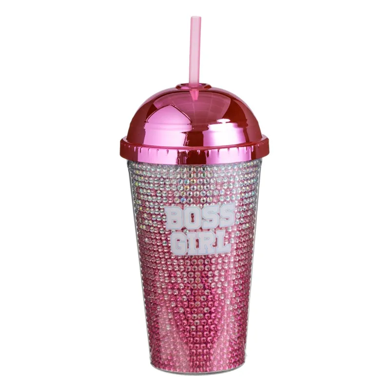 Pahar din Plastic cu Perete Dublu, Capac si Pai, 475ml, Fucsia