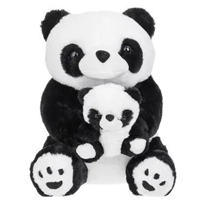 Panda de plus așezat cu pui, jucărie moale pentru copii