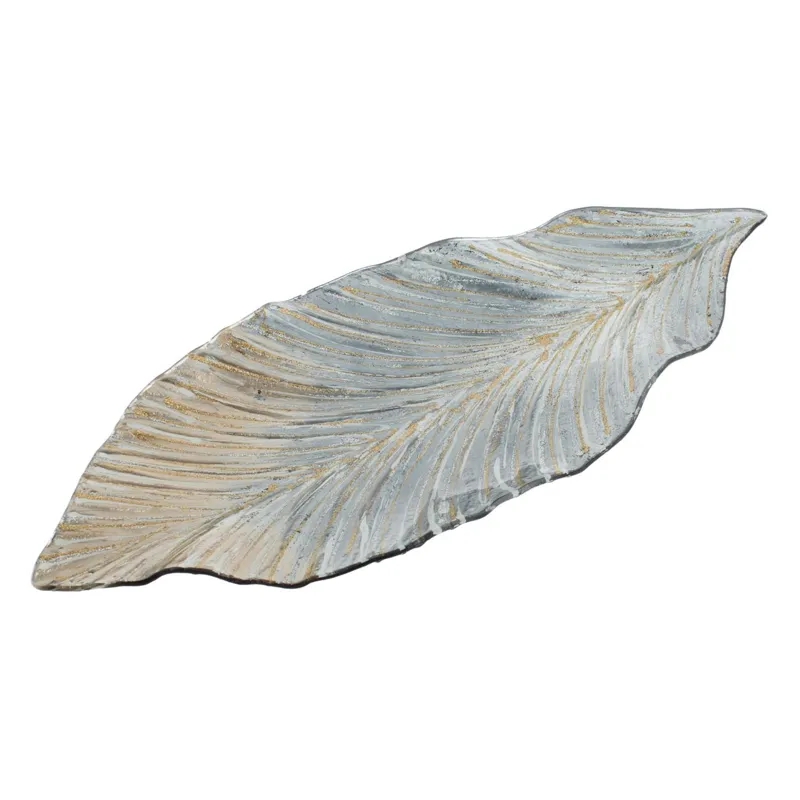 Platou sticlă frunză argintiu-auriu 49x22 cm
