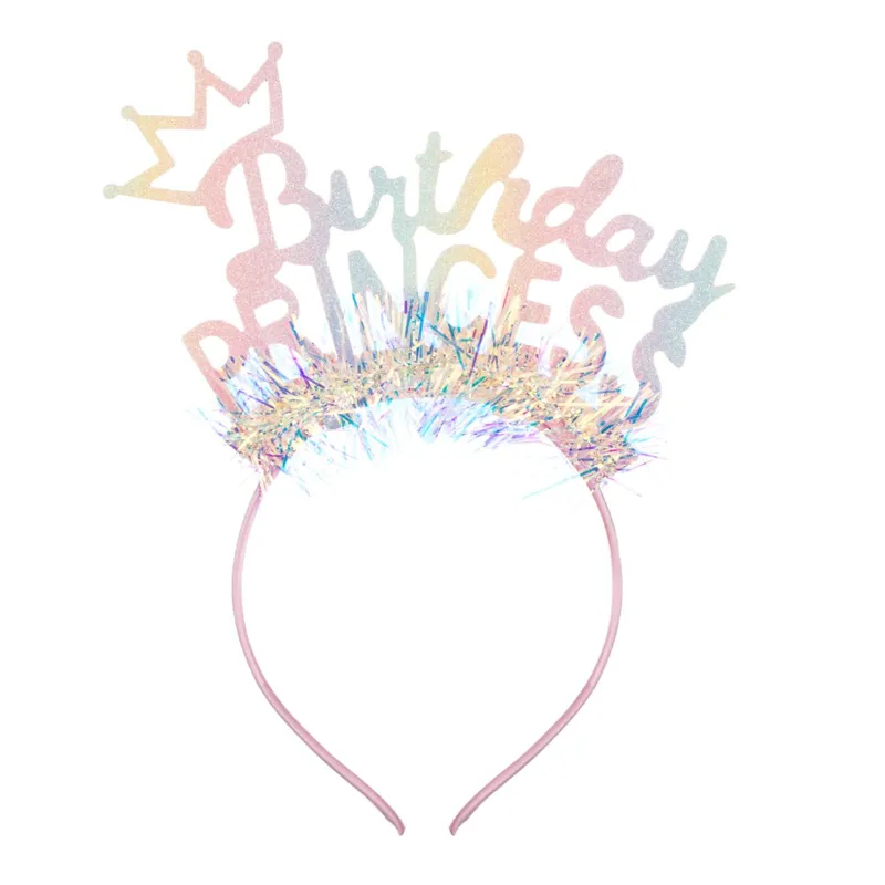 Bentiță de Petrecere Roz cu Tiara și Beteală Holografică Birthday Princess pentr