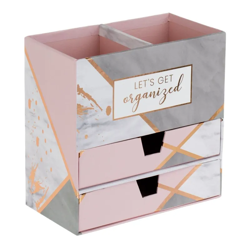 Organizator de birou din carton cu 2 sertare si 2 suporturi pentru pixuri, Gri cu roz, 17x9x17cm