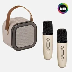 Boxă karaoke portabilă 5W cu lumini RGB și 2 microfoane wireless, Bej