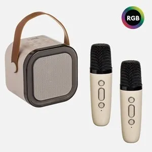 Boxă karaoke portabilă 5W cu lumini RGB și 2 microfoane wireless, Bej – poza 2
