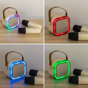 Boxă karaoke portabilă 5W cu lumini RGB și 2 microfoane wireless, Bej – poza 3