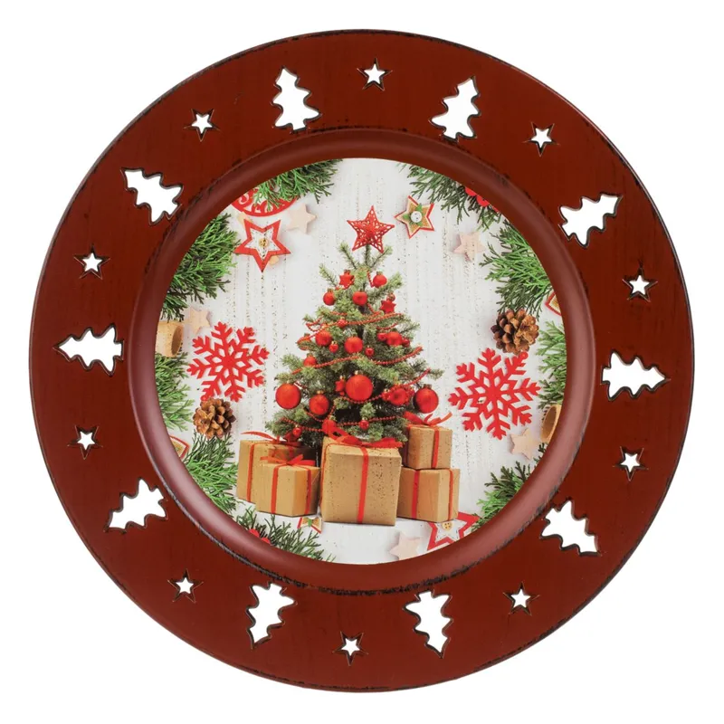 Platou Decorativ de Crăciun cu Brad Împodobit, Diametru 33 cm, Plastic Roșu – poza 2