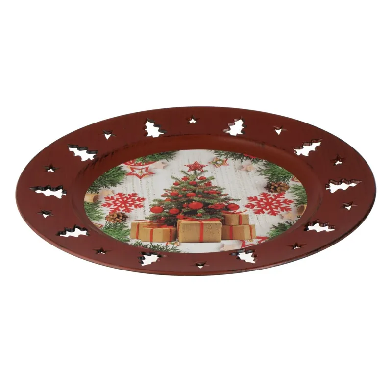 Platou Decorativ de Crăciun cu Brad Împodobit, Diametru 33 cm, Plastic Roșu – poza 3
