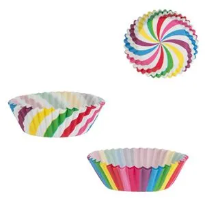 Forme de copt din hârtie pentru cupcake, multicolore, cu dungi și mesaj 'Let's Party', Ø10.5 cm, 100 buc