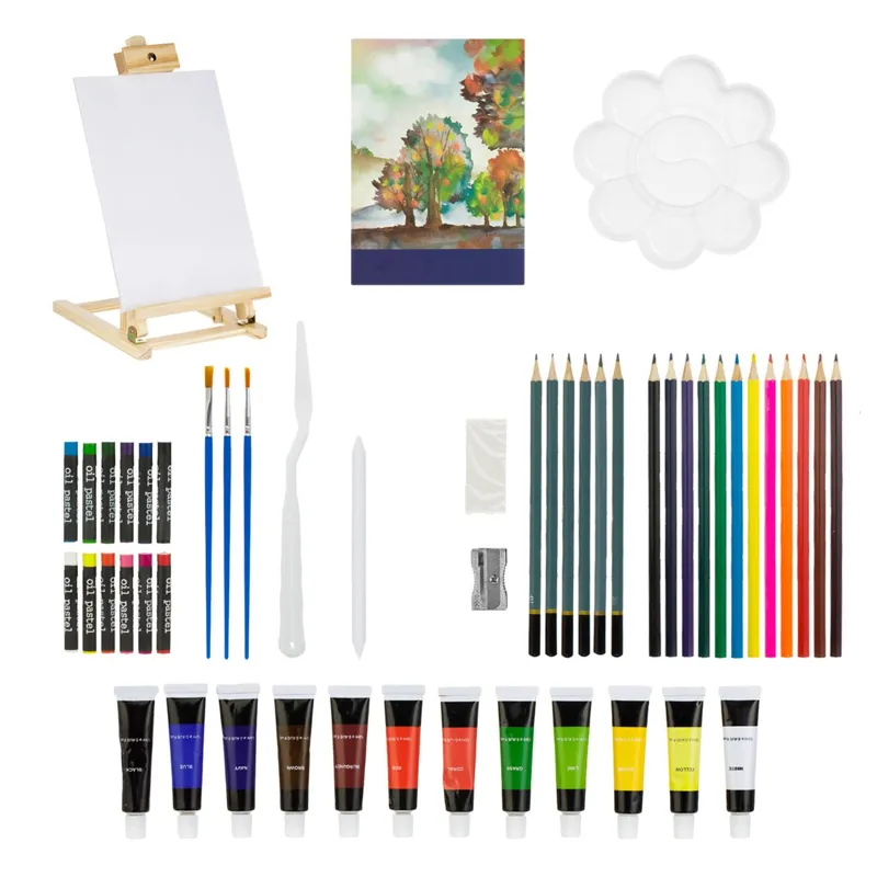 Set Pictura cu Vopsea Acrilica, Sevalet din Lemn si Accesorii - 62 piese, Multicolor