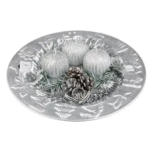 Platou Decorativ de Craciun cu Lumanari Argintii și Conuri LED 24cm