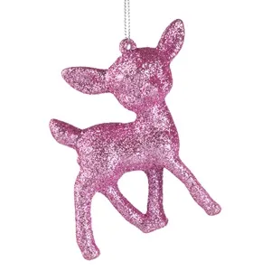 Ornament Brad de Craciun Caprioara Roz cu Glitter 8.5cm