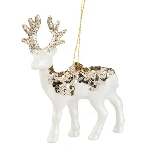 Ornament Brad de Craciun Ren Alb Perlat cu Glitter Bej